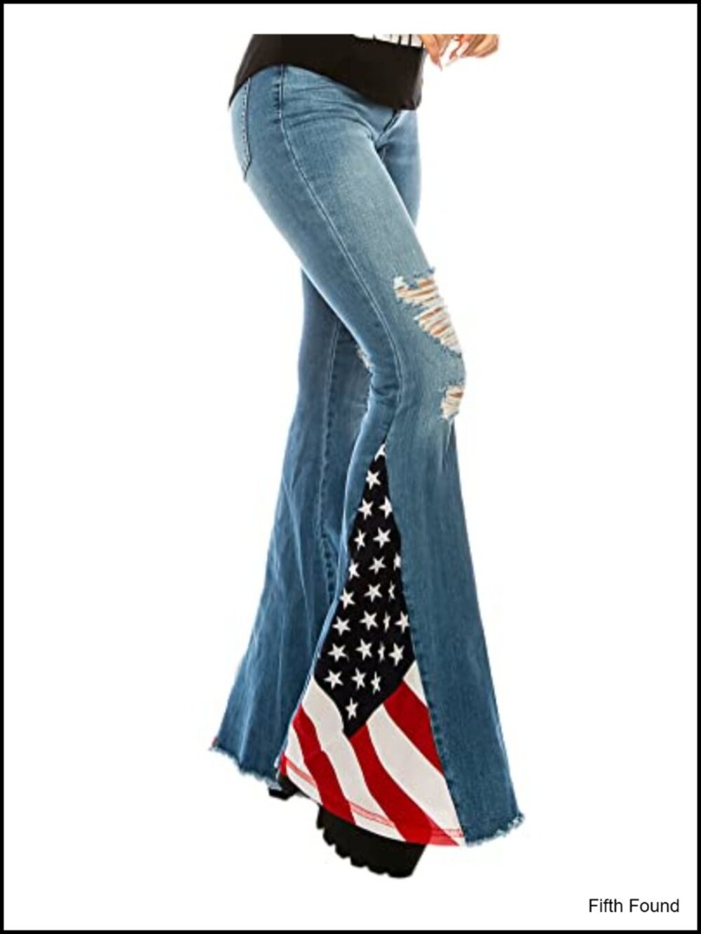 Ripped American Flag Bell Bottom Jeans High Waisted Frayed Raw Hem Slim Denim